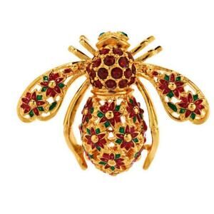 Joan Rivers Christmas Flower POINSETTIA BEE PIN Brooch Crystal Ruby Rhinestones